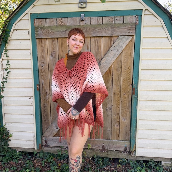 Handmade Rust Orange Crochet Ombre Shawl - Picture 2 of 6